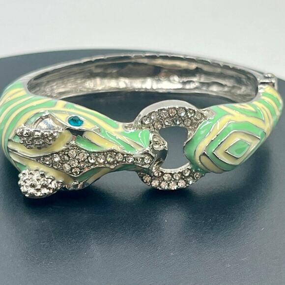Mint and Cream Zebra with Stripes Hinged Rhinestone Blue Eyes Bangle Bracelet - Picture 1 of 12